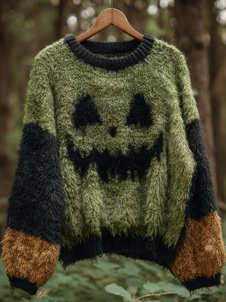 Women's Casual Vintage Halloween Ghost Face Embroidered Sweater artswardrobe