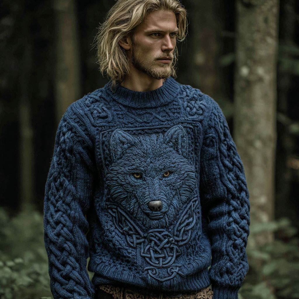 Men's Vintage Viking Wolf Knit Pullover Sweater artswardrobe