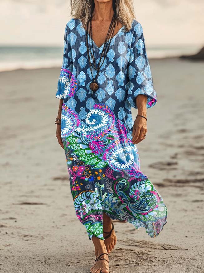 Women's Floral Print Art Print Pocket Cotton Dress