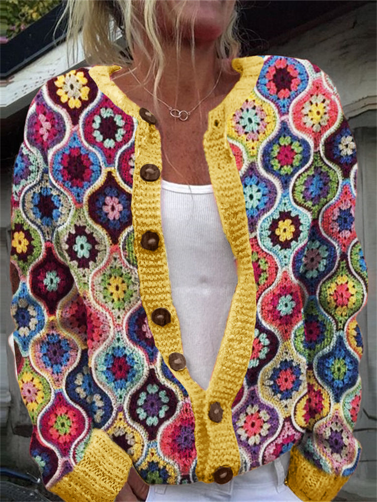 Boho Ethnic Colorful Floral Crochet Cozy Cardigan elevenforest