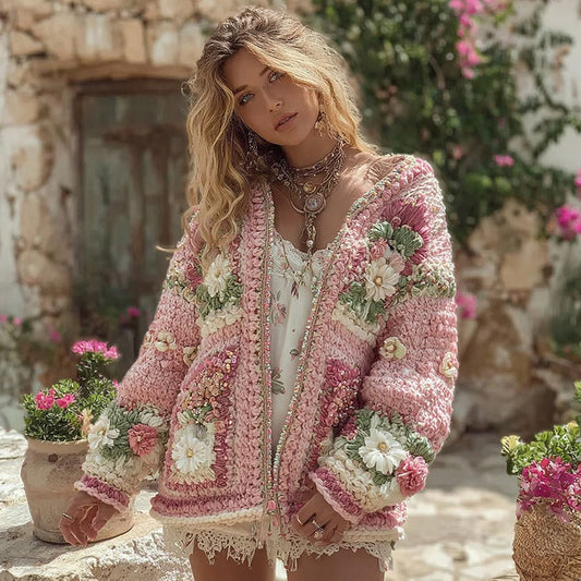Women's Boho Chunky Knit Crochet Floral Cardigan Sweater elevenforest