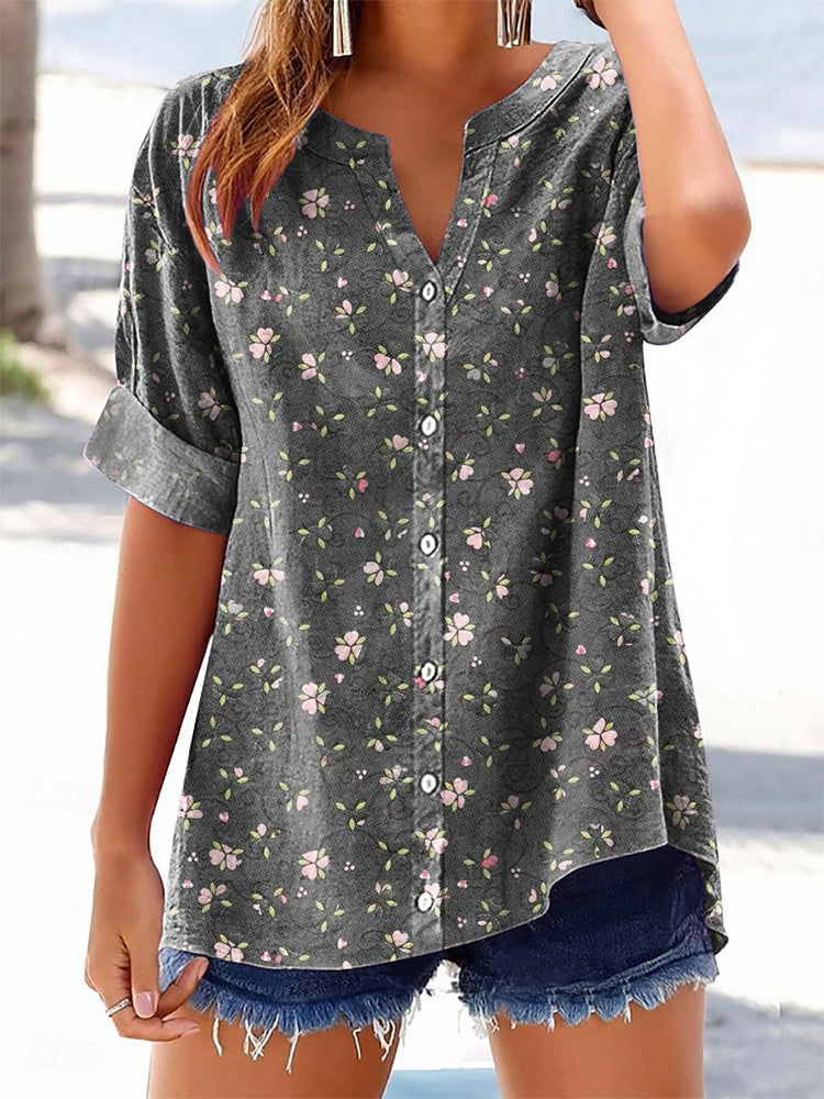 Women's Vintage Floral Art Print Casual Cotton And Linen Shirt