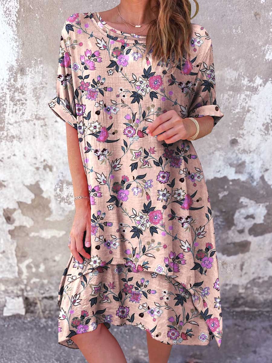 Women's Classic Floral Pattern Round Neck Cotton and Linen Dress