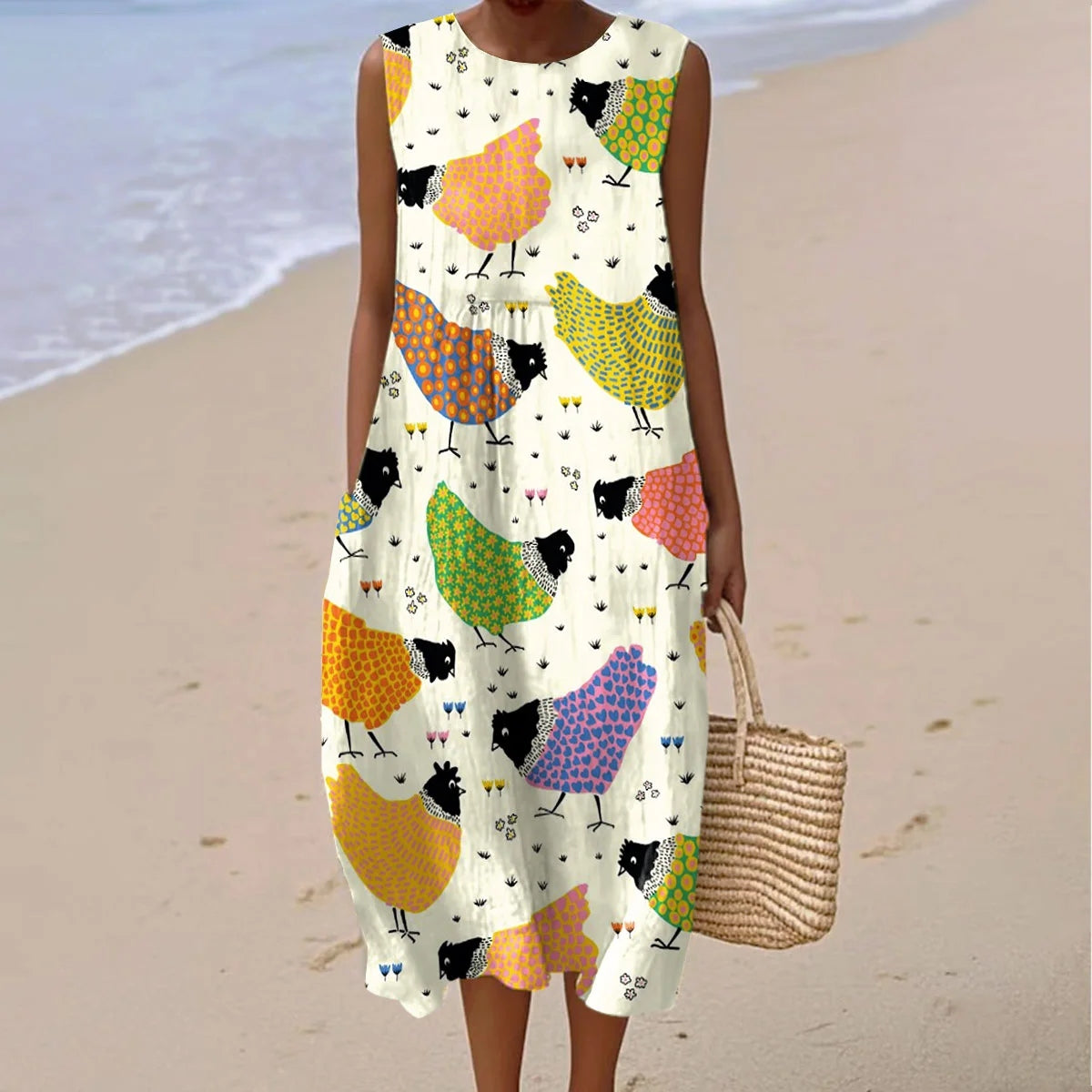 Women's Vintage Cute Farm Chicken Art Design Midi Tank Dress artswardrobe