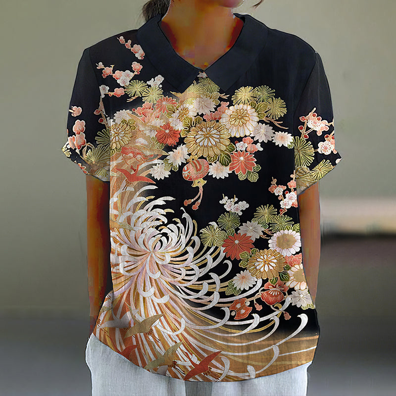 Comstylish Japanese Art Chrysanthemum Print Lapel Loose Blouse