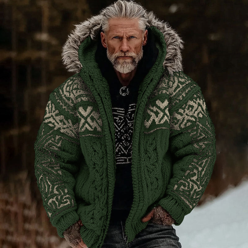 Men's Viking Celtic Art Cozy Fur Collar Knit Hooded Sweater Jacket artswardrobe