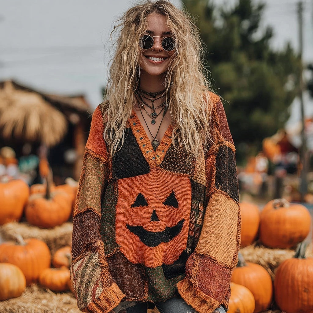 Retro Halloween Pumpkin Face Patchwork Cozy Sweater artswardrobe
