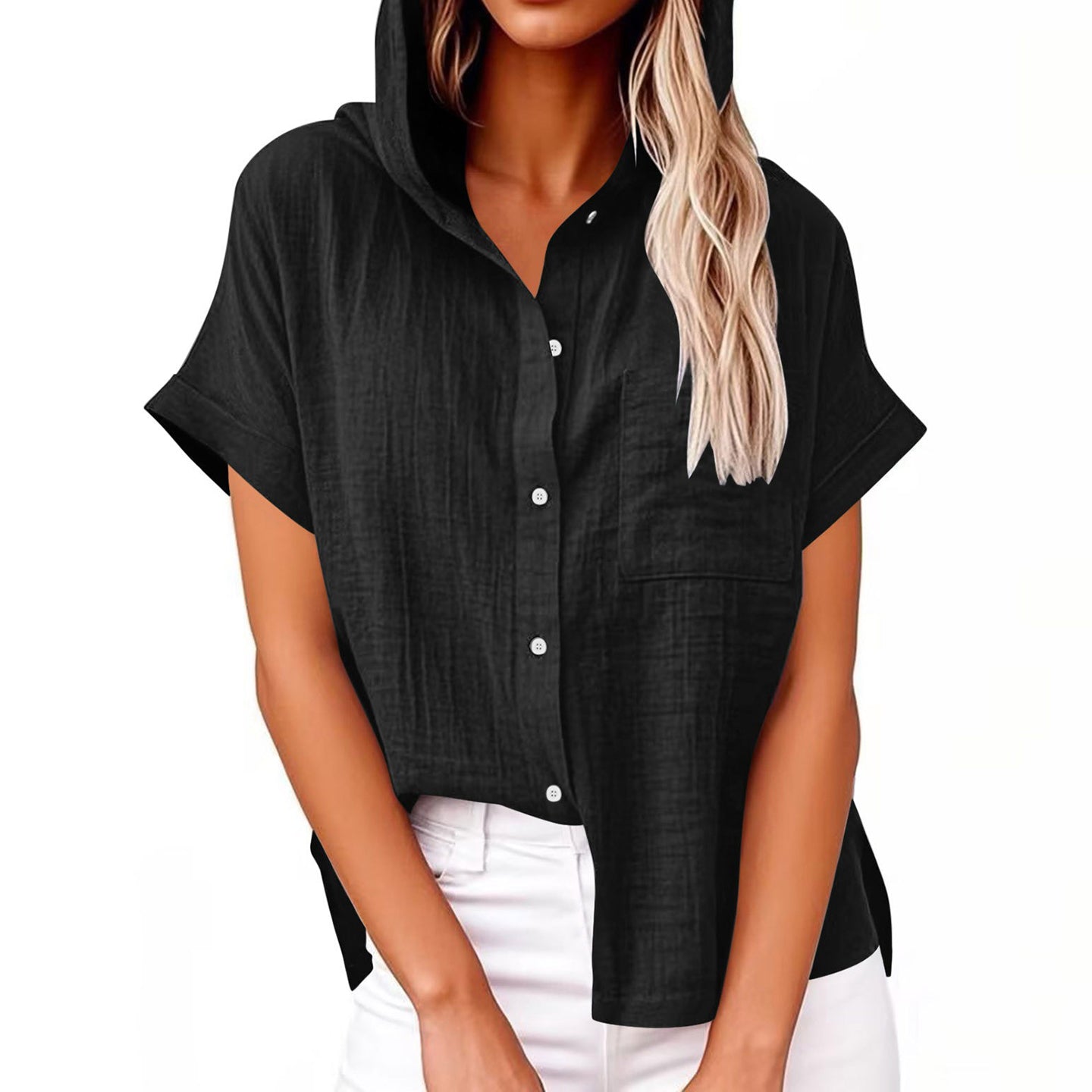 Comstylish Women's Solid Color Linen Vintage Hooded Shirt