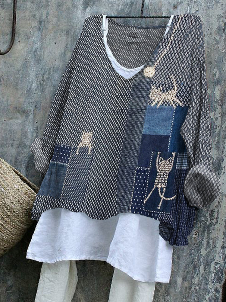 Lovely Cats Japanese Sashiko Art Patchwork Linen Blend Tunic elevenforest