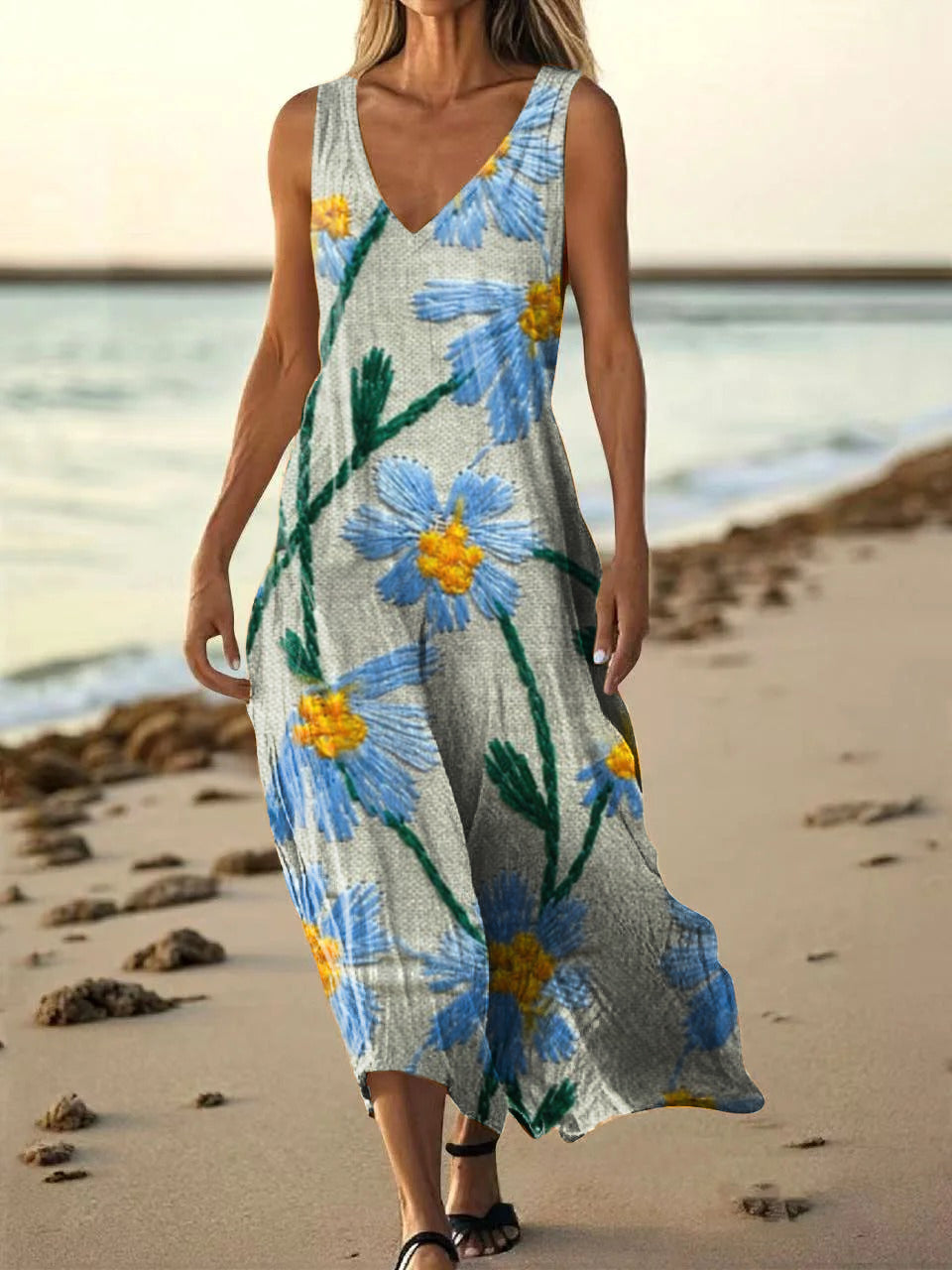 Women's Vintage Floral Art Print Pocket Cotton Dress