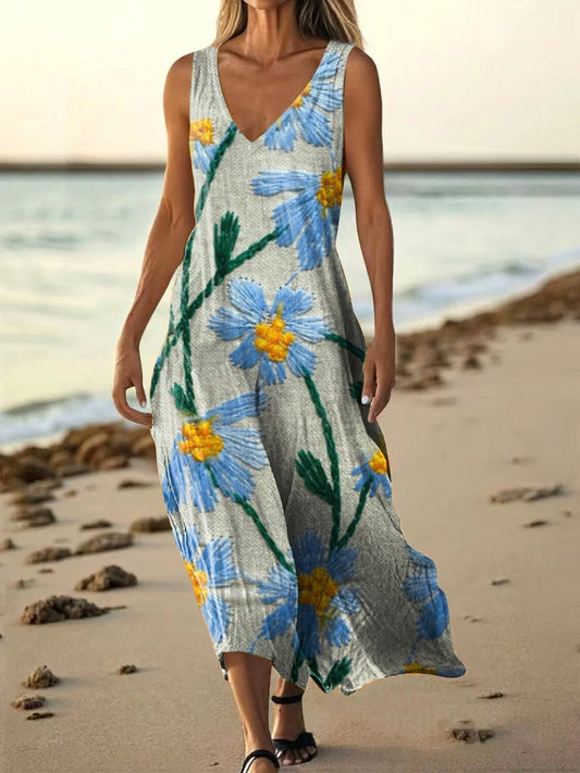 Women's Vintage Floral Art Print Pocket Cotton Dress