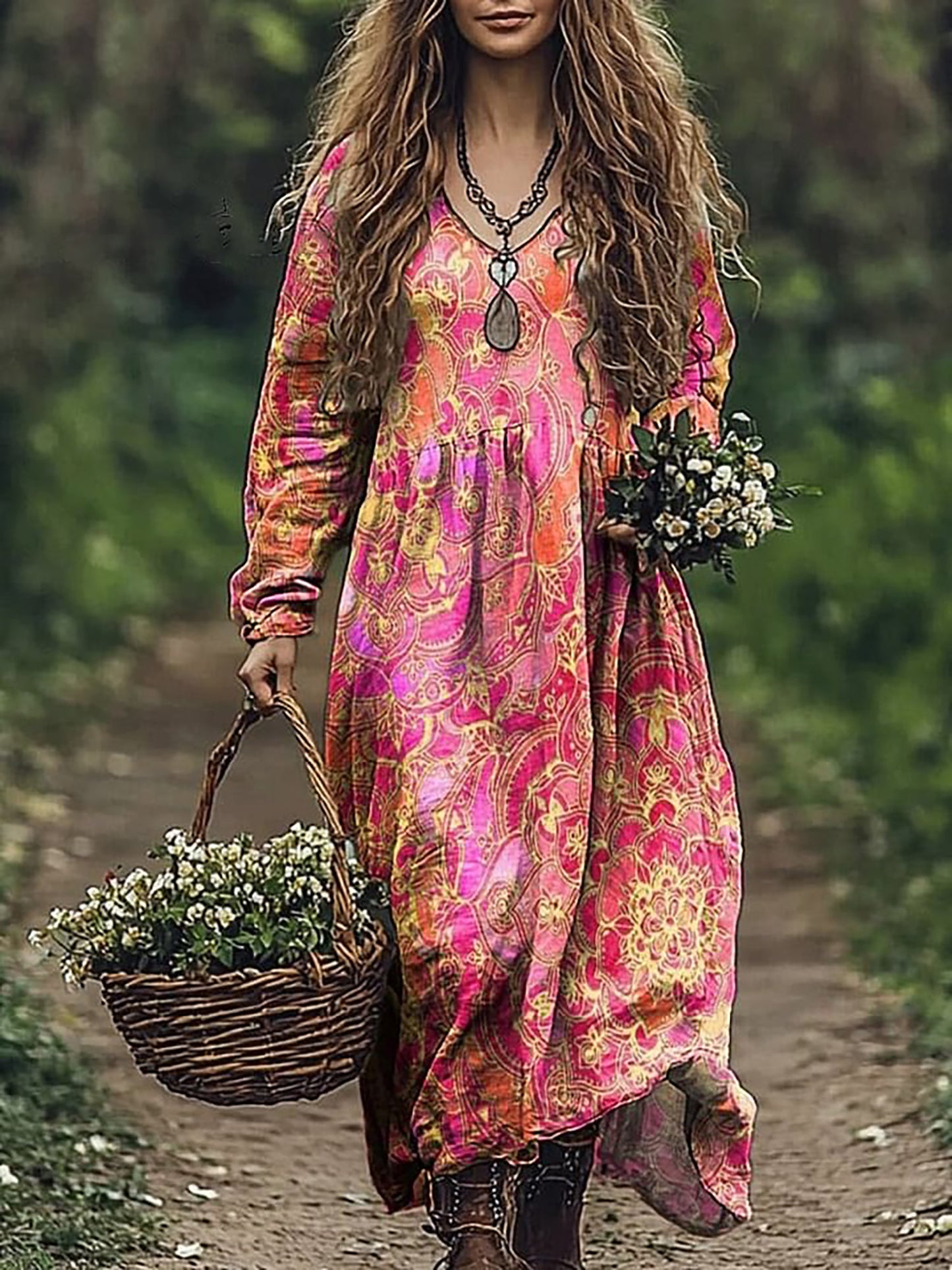 Women's Folk Floral Art Print V Neck Pocket Cotton Dress