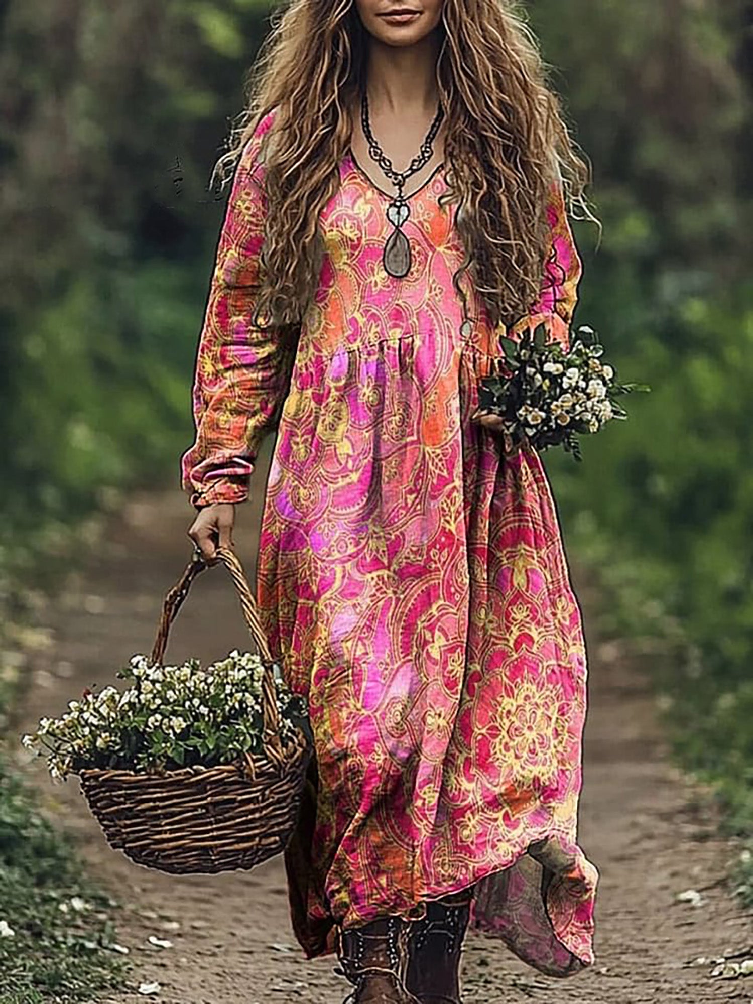 Women's Folk Floral Art Print V Neck Pocket Cotton Dress