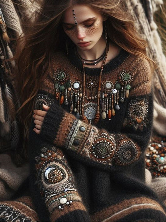 Vintage Western Dream Catcher Beaded Cozy Knit Sweater Dress elevenforest
