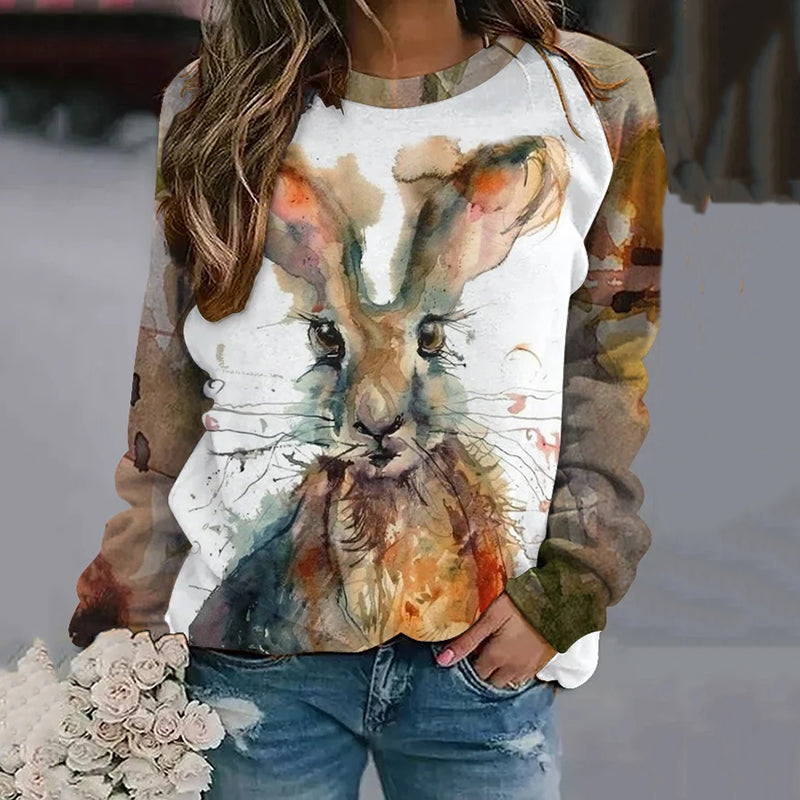 Women's Cute Bunny Watercolor Printed Sweatshirt artswardrobe
