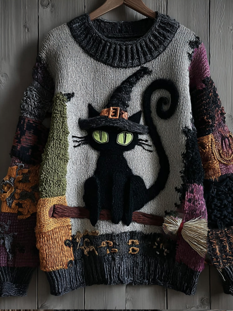Halloween Witch Cat Multi-colored Atmosphere Vintage Warm Sweater artswardrobe