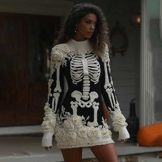 Women's Halloween Skeleton Bones Leather With Rose Cozy Knit Mini Sweater Dress artswardrobe