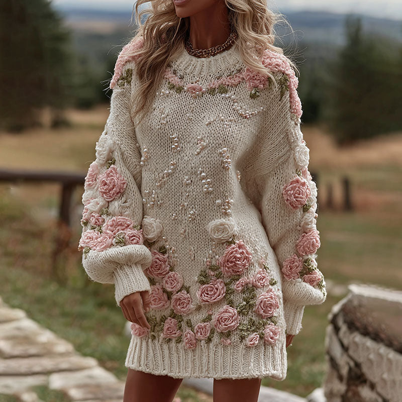 Women's Rose Art Cozy Knit Mini Sweater Dress artswardrobe