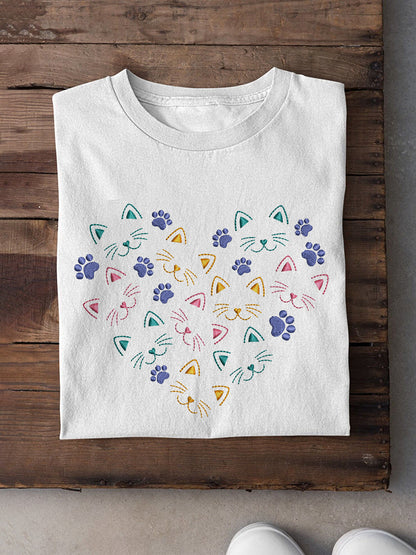 Comstylish Cute Cat Embroidery Pattern Casual Cotton Short Sleeve T-Shirt