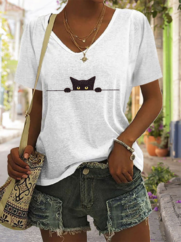 Women's Casual Black Cat Print T-shirt elevenforest
