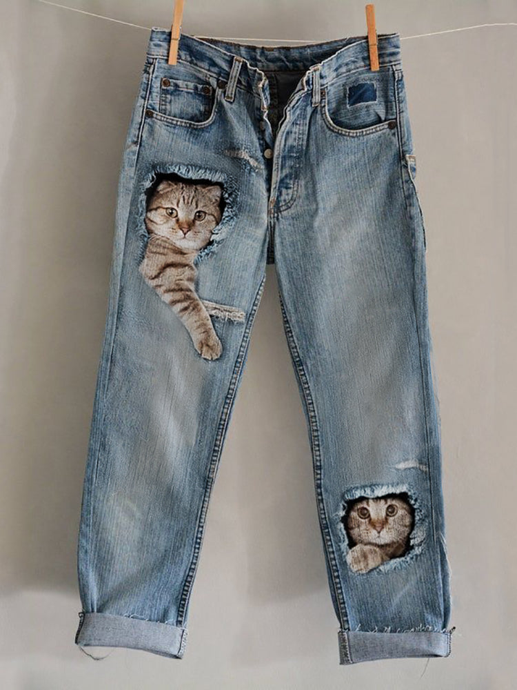Lovely Cats Frayed Crack Washed Jeans elevenforest