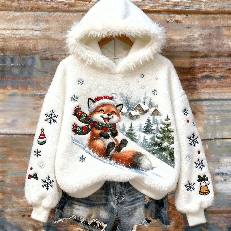 Vintage Christmas Happy Fox Art Women's Cozy Plush Sweater Hoodie artswardrobe