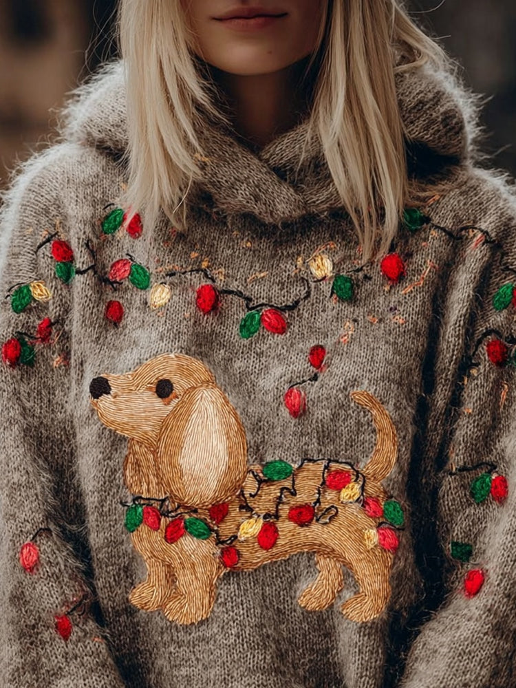 Cute Christmas Lights Dog Fuzzy Hooded Sweater artswardrobe