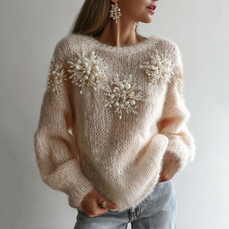 Women's White Christmas Decorations Snoeflake Art Crew Neck Sweater artswardrobe