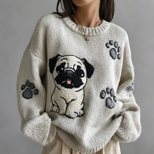 Lovely Cute Pug And Paws Embroidery Art Loose Cozy Knit Sweater elevenforest