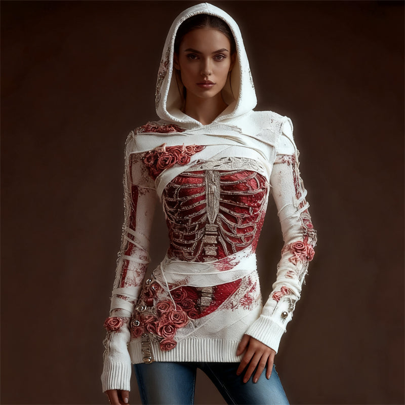 Classy Skeleton Anatomy Bloody Roses Bandages Hooded Sweater artswardrobe