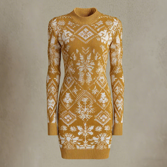 Comstylish Women's Geometric Christmas Art Pattern Knitted Round Neck Sweater Dress