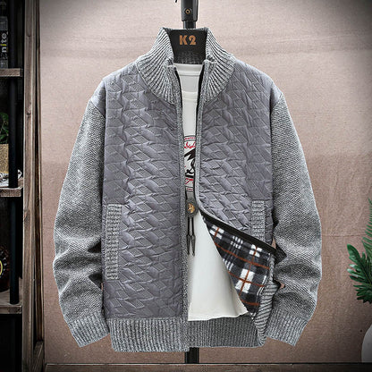Men's Stand Collar Stitched Plush Cardigan elevenforest