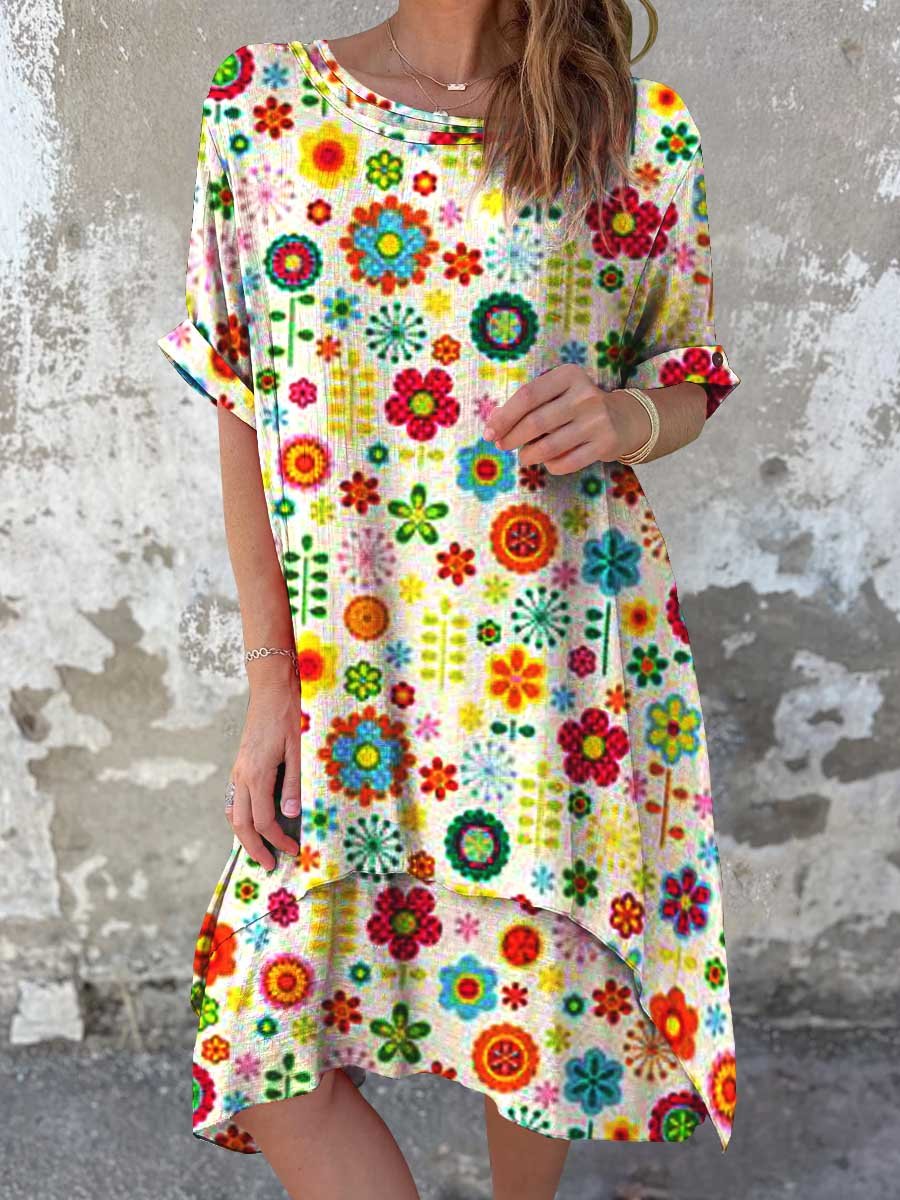 Women's Classic Floral Pattern Round Neck Cotton and Linen Dress