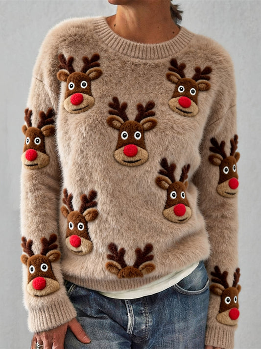 Christmas Plush Reindeer Art Women's Knit Sweater