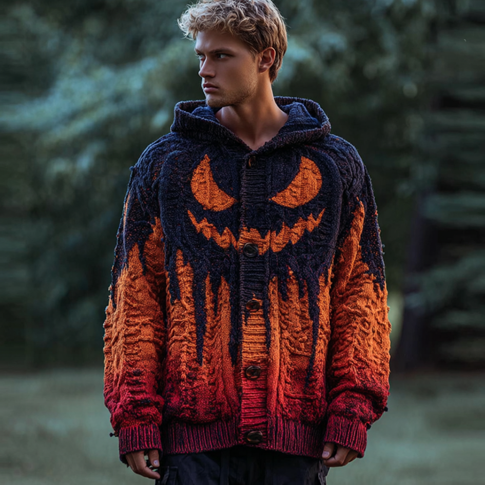 Halloween Pumpkin Element Gradient Color Men's Hooded Knit Sweater Jacket artswardrobe