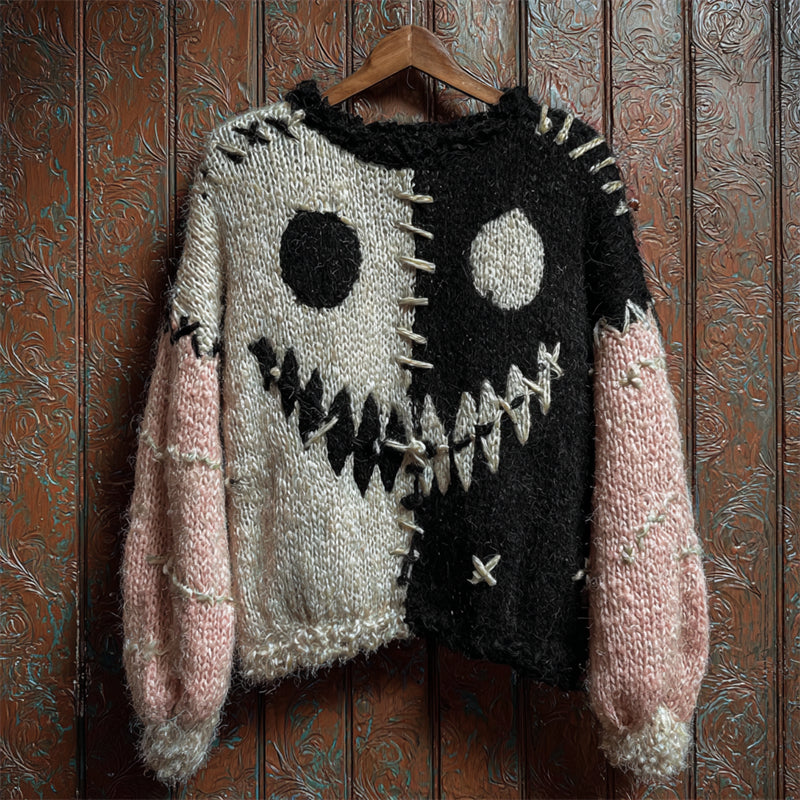 Halloween Spook Faces Contrast Color Stitched Cozy Fuzzy Sweater artswardrobe