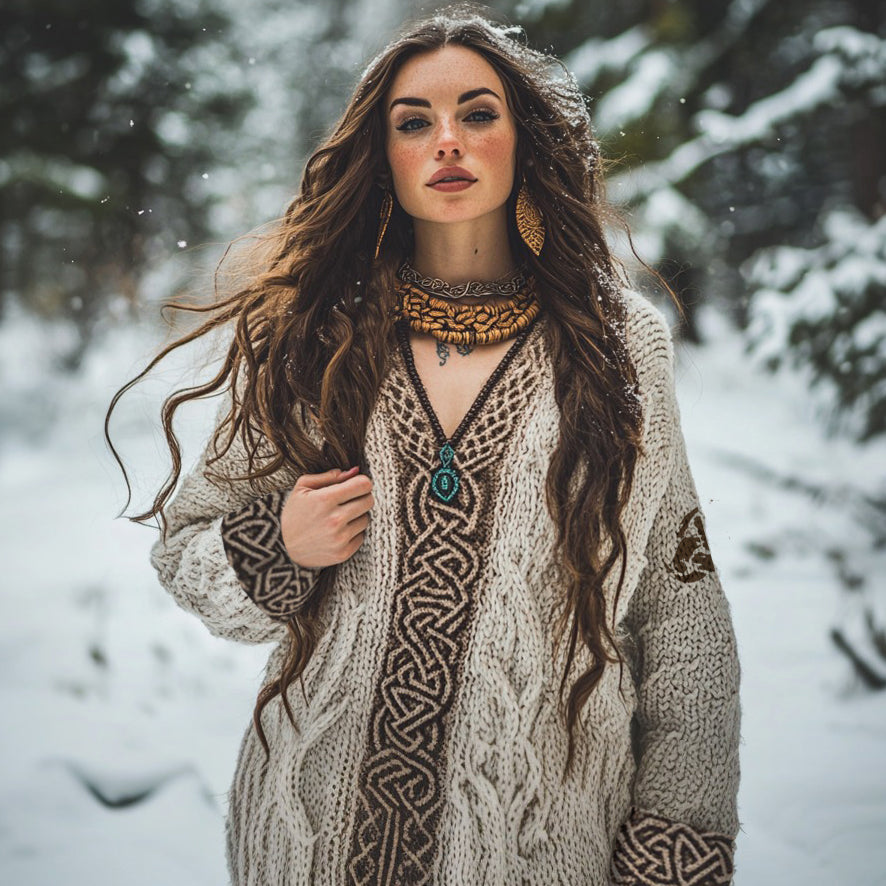 Women's Viking Tribal Witch Inspired Celtic Chunky Knit V-neck Sweater artswardrobe