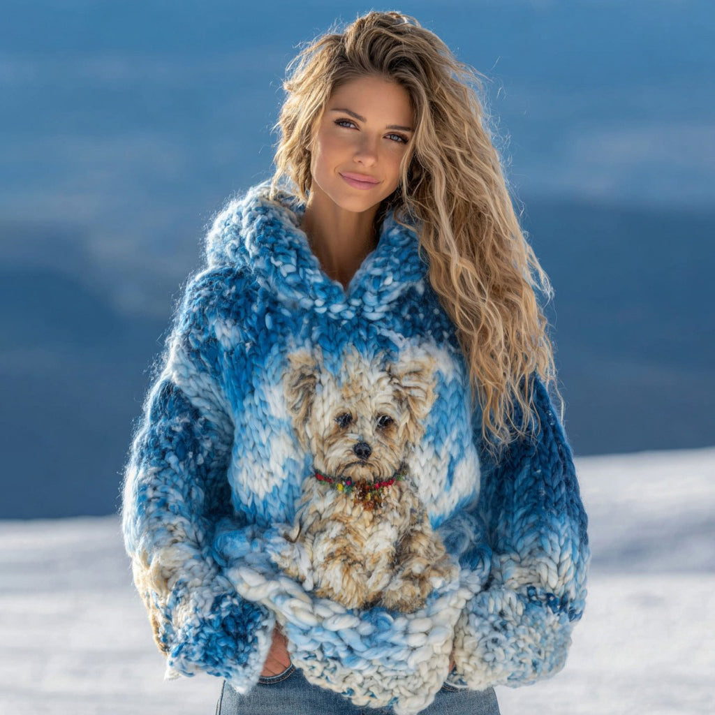 Cute Plush Dog Knitted Ombre Warm Hooded Sweater artswardrobe