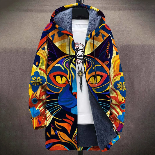 Cat Abstract Art Plush Long Sleeve Printed Sweater Cardigan Coat elevenforest