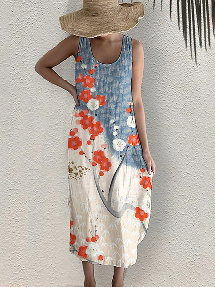 Japanese Art Flower Print Sleeveless Casual Midi Dress