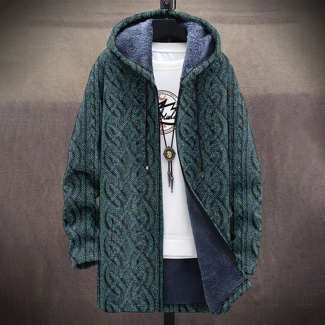 Men's Vintage Knitted Graphic Art Comfort Plush Hooded Coat elevenforest