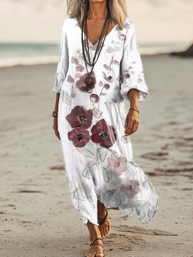 Women's Floral Art Print Pocket Cotton Dresses