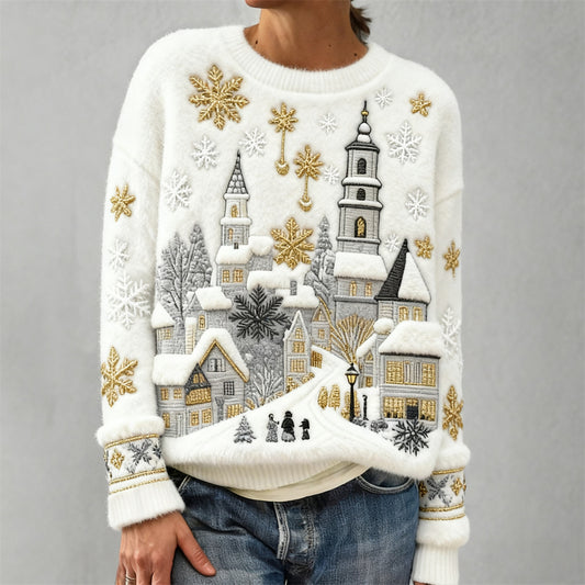 Christmas Snow Scene Plush Embroidered Women's Comfort Sweater
