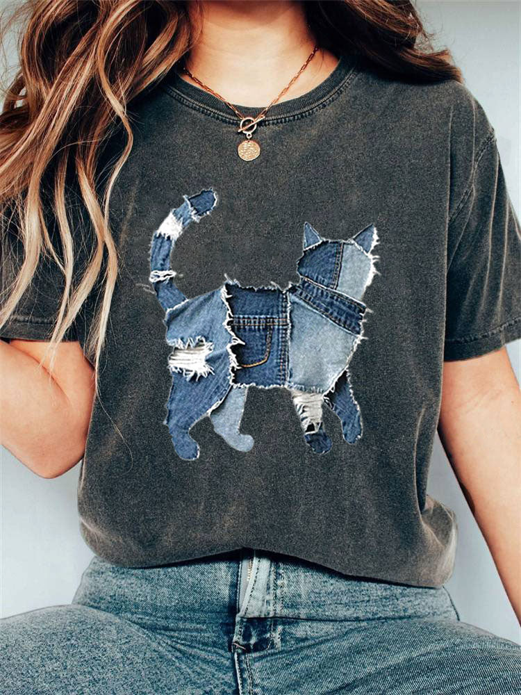 Women's Casual Funny Denim Cat Print T-shirt artswardrobe