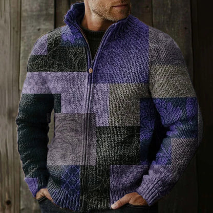 Men's Vintage Western Patchwork Design Graphic Zip Sweater elevenforest