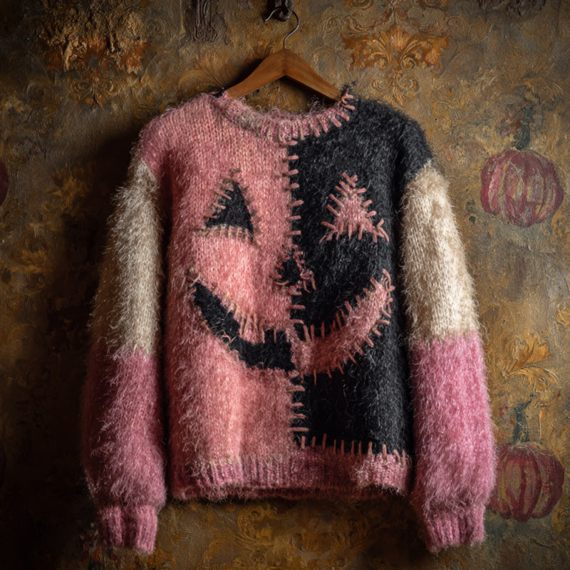 Women's Vintage Halloween Pink Ghost Face Knit Sweater elevenforest