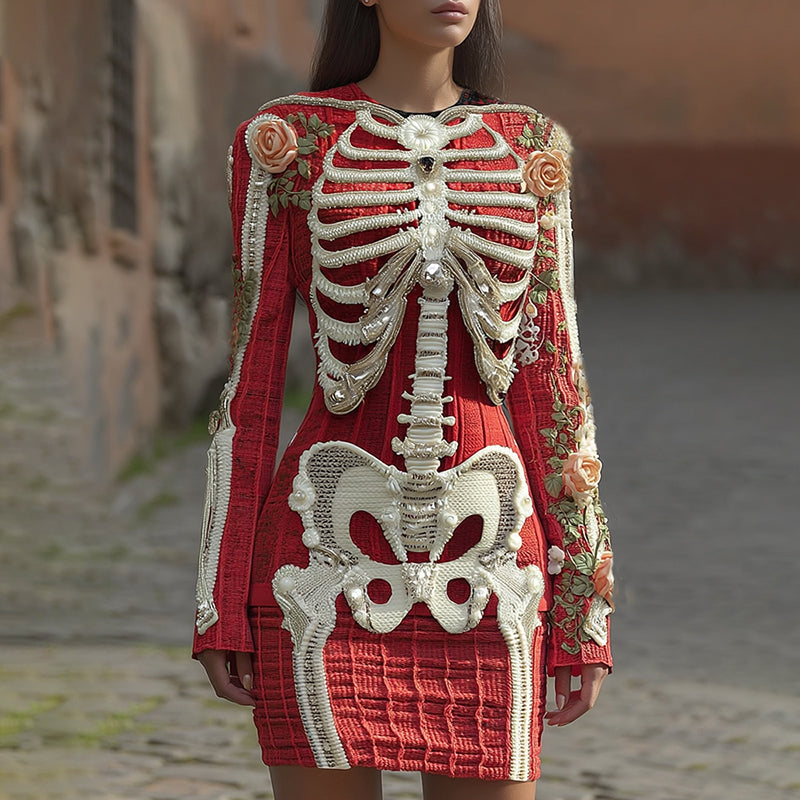 Women's Vintage Halloween Skeleton Bones With Rose Art Cozy Knit Mini Sweater Dress artswardrobe