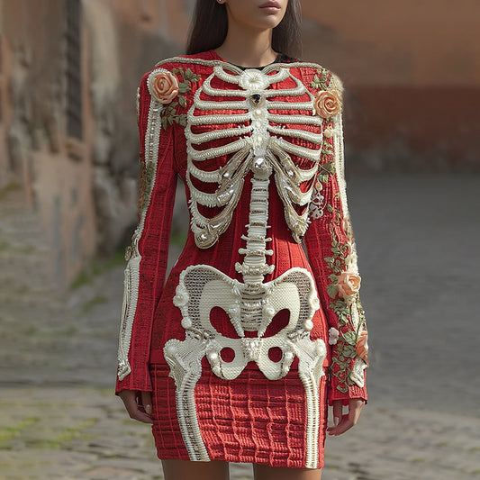 Women's Vintage Halloween Skeleton Bones With Rose Art Cozy Knit Mini Sweater Dress artswardrobe