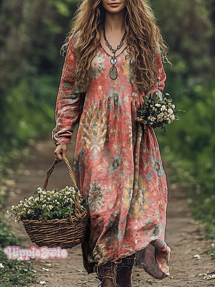 Women's Bohemian Ethnic Pattern Print V Neck Pocket Cotton Dress