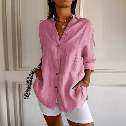 Comstylish Casual Single Breasted Pleated Lapel Solid Color Cotton Linen Shirt